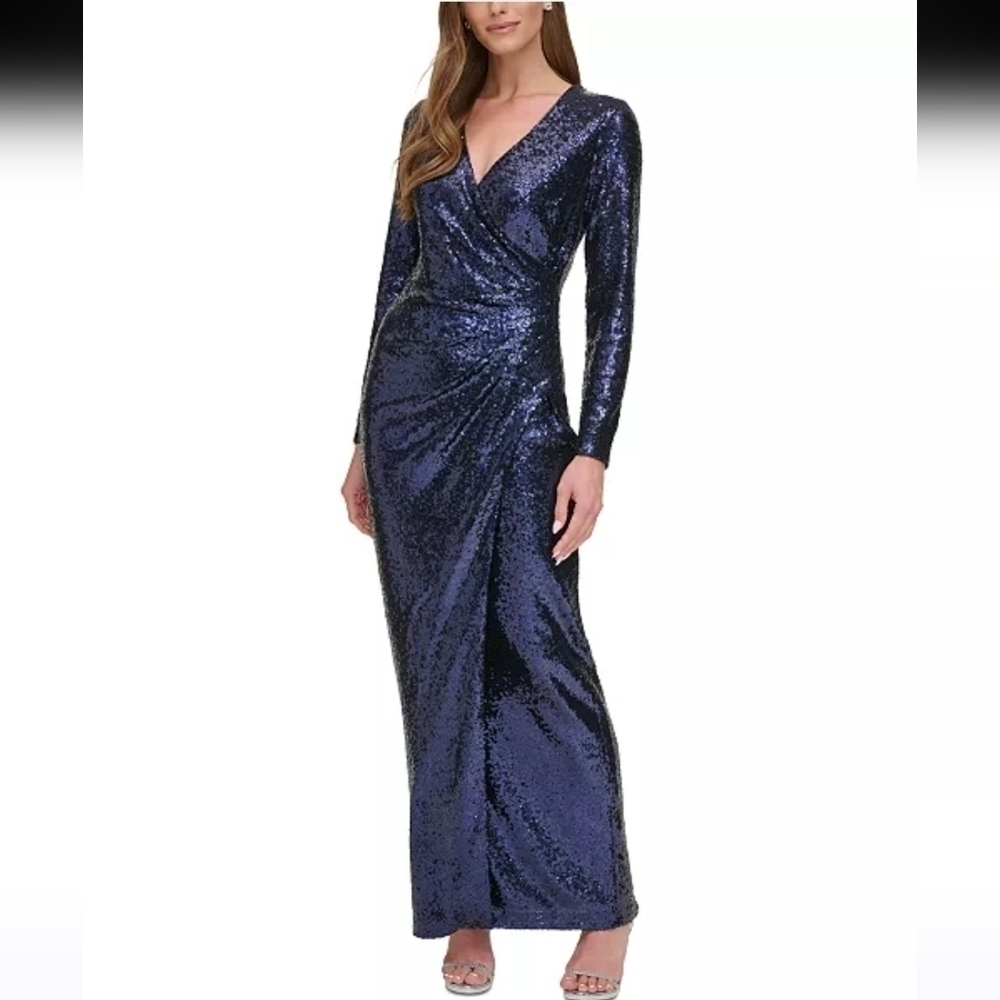 NWT DKNY Long Sleeve Side-Ruched Sequin Gown in Navy Size 6